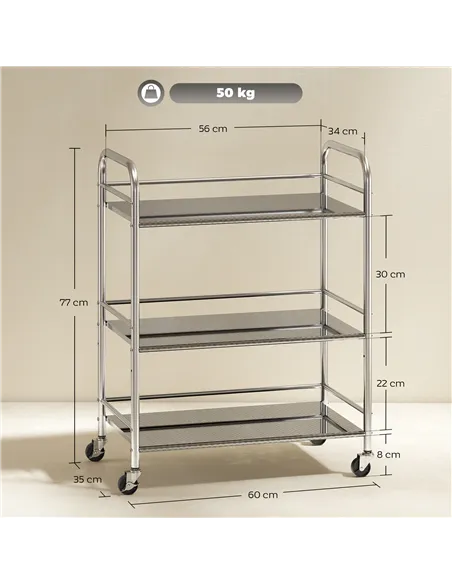 HOMCOM 3 Tier Stainless Steel Kitchen Storage Trolley with Adjustable Shelf - Silver