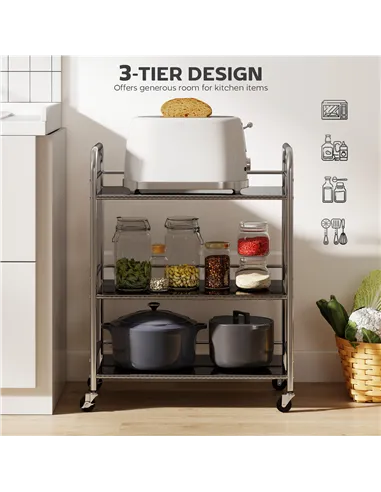 HOMCOM 3 Tier Stainless Steel Kitchen Storage Trolley with Adjustable Shelf - Silver