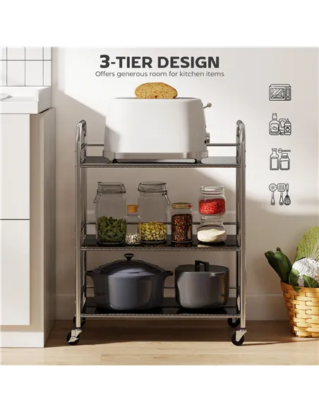 HOMCOM 3 Tier Stainless Steel Kitchen Storage Trolley with Adjustable Shelf - Silver