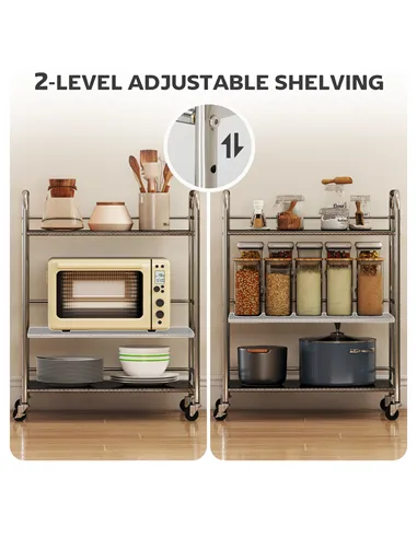HOMCOM 3 Tier Stainless Steel Kitchen Storage Trolley with Adjustable Shelf - Silver
