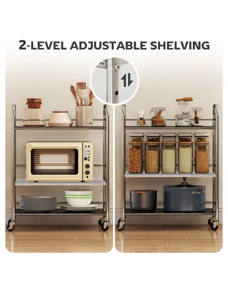 HOMCOM 3 Tier Stainless Steel Kitchen Storage Trolley with Adjustable Shelf - Silver