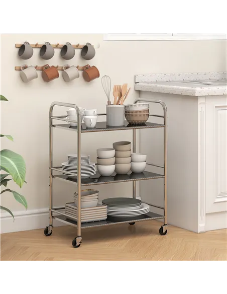 HOMCOM 3 Tier Stainless Steel Kitchen Storage Trolley with Adjustable Shelf - Silver