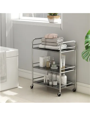 HOMCOM 3 Tier Stainless Steel Kitchen Storage Trolley with Adjustable Shelf - Silver