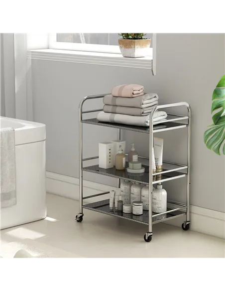 HOMCOM 3 Tier Stainless Steel Kitchen Storage Trolley with Adjustable Shelf - Silver
