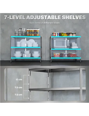 HOMCOM 3-Tier Bakers Rack with Storage, Stainless Steel Microwave Stand with Adjustable Shelves for Small Spaces, Kitchen Storag