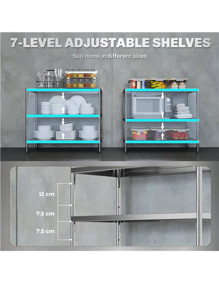 HOMCOM 3-Tier Bakers Rack with Storage, Stainless Steel Microwave Stand with Adjustable Shelves for Small Spaces, Kitchen Storag