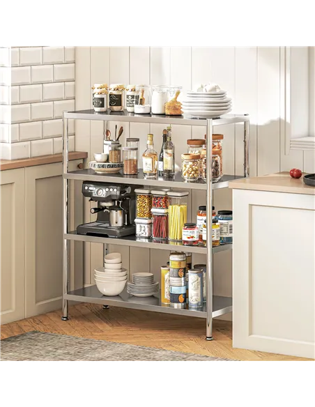 HOMCOM 4-Tier Bakers Rack with Storage, Stainless Steel Microwave Stand with Adjustable Shelves for Small Spaces, Kitchen Storag