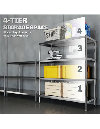 HOMCOM 4-Tier Bakers Rack with Storage, Stainless Steel Microwave Stand with Adjustable Shelves for Small Spaces, Kitchen Storag