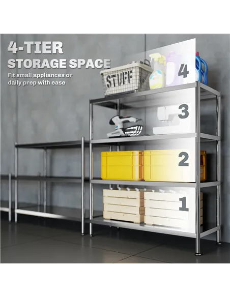 HOMCOM 4-Tier Bakers Rack with Storage, Stainless Steel Microwave Stand with Adjustable Shelves for Small Spaces, Kitchen Storag