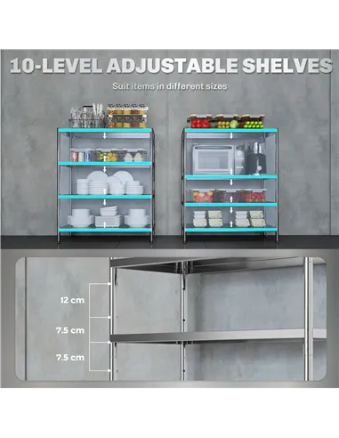 HOMCOM 4-Tier Bakers Rack with Storage, Stainless Steel Microwave Stand with Adjustable Shelves for Small Spaces, Kitchen Storag
