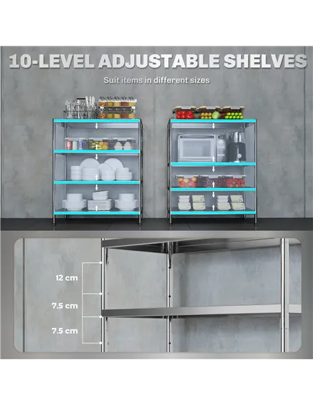 HOMCOM 4-Tier Bakers Rack with Storage, Stainless Steel Microwave Stand with Adjustable Shelves for Small Spaces, Kitchen Storag