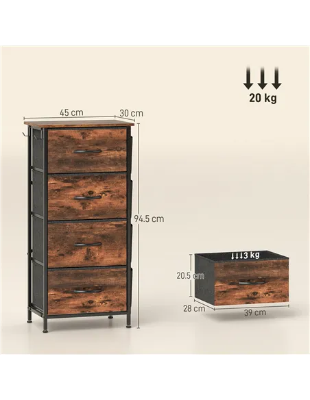HOMCOM Chest of Four Fabric Drawers - Rustic Brown