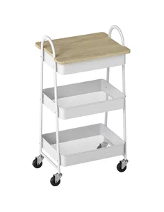 HOMCOM 3-Tier Kitchen Storage Trolley with on Wheels Cover Top Board - White and Oak
