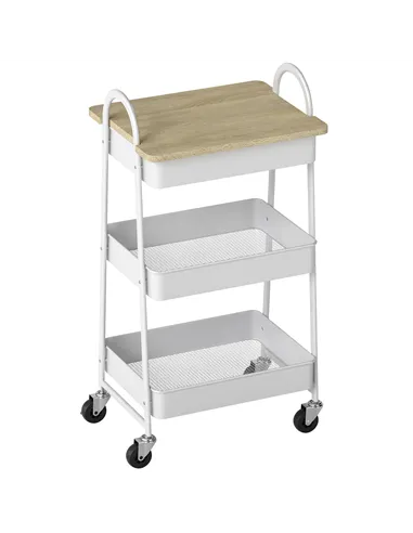 HOMCOM 3-Tier Kitchen Storage Trolley with on Wheels Cover Top Board - White and Oak