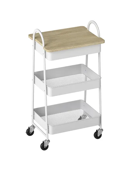 HOMCOM 3-Tier Kitchen Storage Trolley with on Wheels Cover Top Board - White and Oak