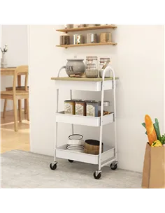 HOMCOM 3-Tier Kitchen Storage Trolley with on Wheels Cover Top Board - White and Oak 2