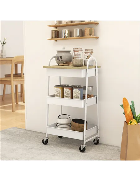 HOMCOM 3-Tier Kitchen Storage Trolley with on Wheels Cover Top Board - White and Oak
