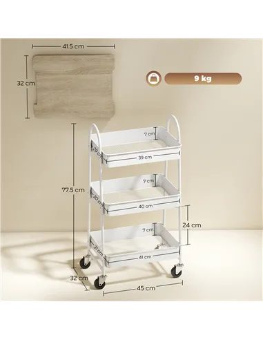 HOMCOM 3-Tier Kitchen Storage Trolley with on Wheels Cover Top Board - White and Oak