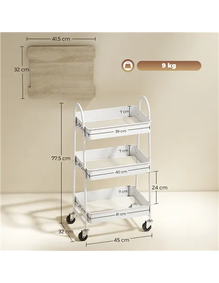 HOMCOM 3-Tier Kitchen Storage Trolley with on Wheels Cover Top Board - White and Oak