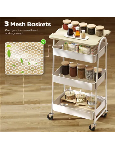 HOMCOM 3-Tier Kitchen Storage Trolley with on Wheels Cover Top Board - White and Oak