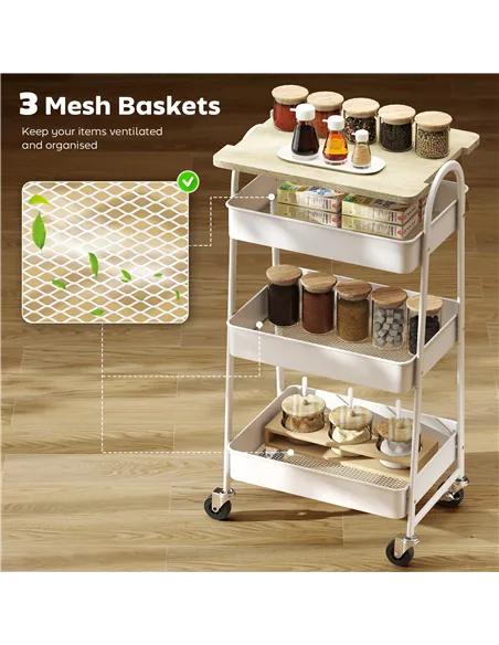 HOMCOM 3-Tier Kitchen Storage Trolley with on Wheels Cover Top Board - White and Oak