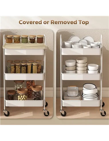 HOMCOM 3-Tier Kitchen Storage Trolley with on Wheels Cover Top Board - White and Oak