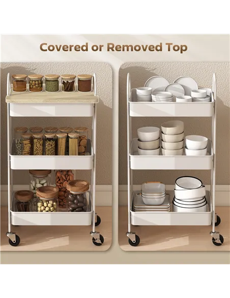 HOMCOM 3-Tier Kitchen Storage Trolley with on Wheels Cover Top Board - White and Oak