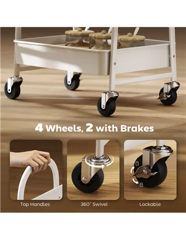 HOMCOM 3-Tier Kitchen Storage Trolley with on Wheels Cover Top Board - White and Oak