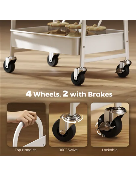 HOMCOM 3-Tier Kitchen Storage Trolley with on Wheels Cover Top Board - White and Oak
