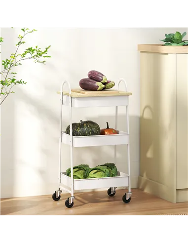 HOMCOM 3-Tier Kitchen Storage Trolley with on Wheels Cover Top Board - White and Oak