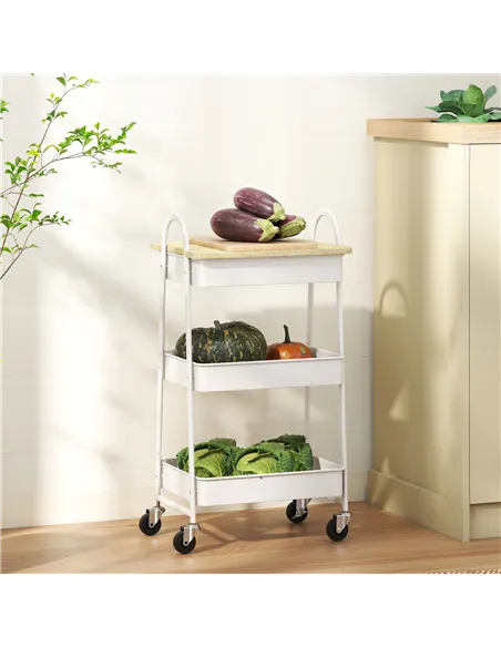 HOMCOM 3-Tier Kitchen Storage Trolley with on Wheels Cover Top Board - White and Oak