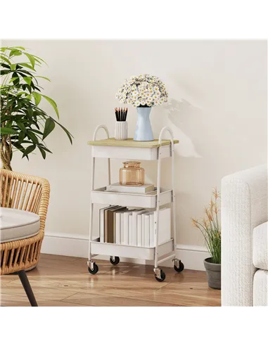 HOMCOM 3-Tier Kitchen Storage Trolley with on Wheels Cover Top Board - White and Oak