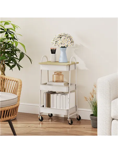 HOMCOM 3-Tier Kitchen Storage Trolley with on Wheels Cover Top Board - White and Oak