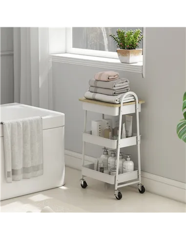 HOMCOM 3-Tier Kitchen Storage Trolley with on Wheels Cover Top Board - White and Oak