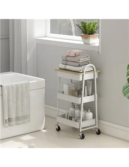 HOMCOM 3-Tier Kitchen Storage Trolley with on Wheels Cover Top Board - White and Oak