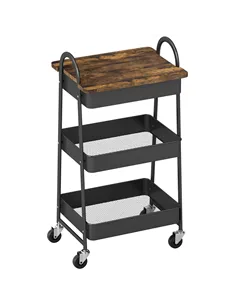 HOMCOM 3-Tier Kitchen Storage Trolley with on Wheels Cover Top Board - Rustic Brown and Black