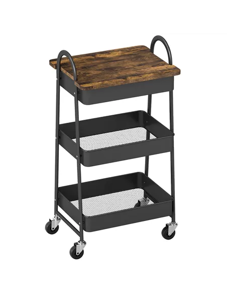HOMCOM 3-Tier Kitchen Storage Trolley with on Wheels Cover Top Board - Rustic Brown and Black