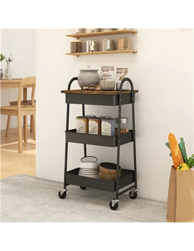 HOMCOM 3-Tier Kitchen Storage Trolley with on Wheels Cover Top Board - Rustic Brown and Black