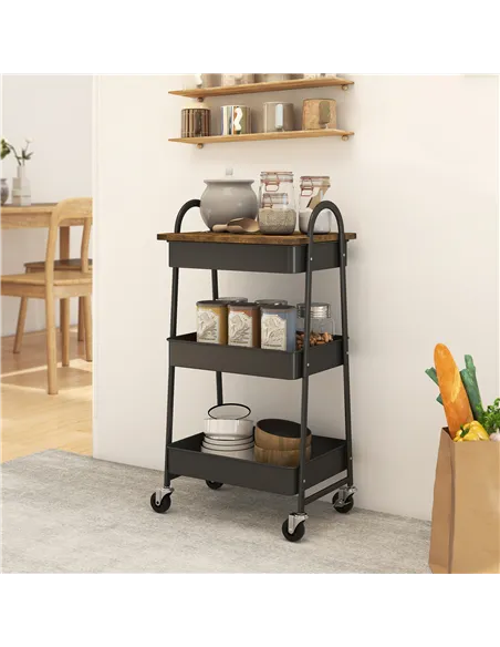 HOMCOM 3-Tier Kitchen Storage Trolley with on Wheels Cover Top Board - Rustic Brown and Black