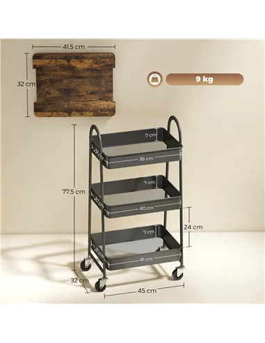 HOMCOM 3-Tier Kitchen Storage Trolley with on Wheels Cover Top Board - Rustic Brown and Black