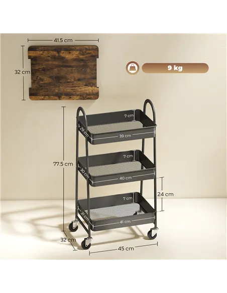 HOMCOM 3-Tier Kitchen Storage Trolley with on Wheels Cover Top Board - Rustic Brown and Black