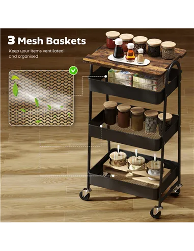 HOMCOM 3-Tier Kitchen Storage Trolley with on Wheels Cover Top Board - Rustic Brown and Black