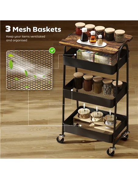 HOMCOM 3-Tier Kitchen Storage Trolley with on Wheels Cover Top Board - Rustic Brown and Black