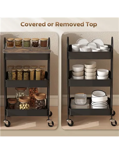 HOMCOM 3-Tier Kitchen Storage Trolley with on Wheels Cover Top Board - Rustic Brown and Black