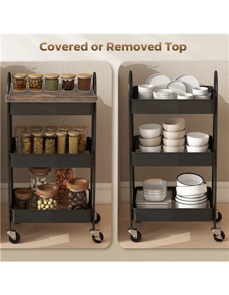 HOMCOM 3-Tier Kitchen Storage Trolley with on Wheels Cover Top Board - Rustic Brown and Black