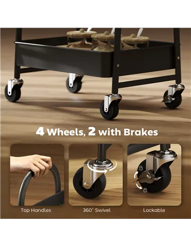 HOMCOM 3-Tier Kitchen Storage Trolley with on Wheels Cover Top Board - Rustic Brown and Black