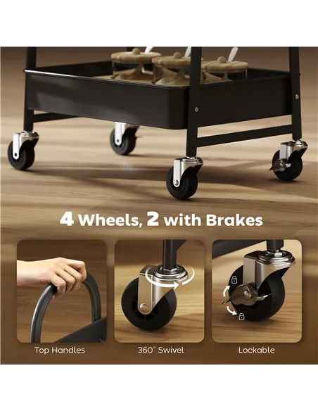 HOMCOM 3-Tier Kitchen Storage Trolley with on Wheels Cover Top Board - Rustic Brown and Black
