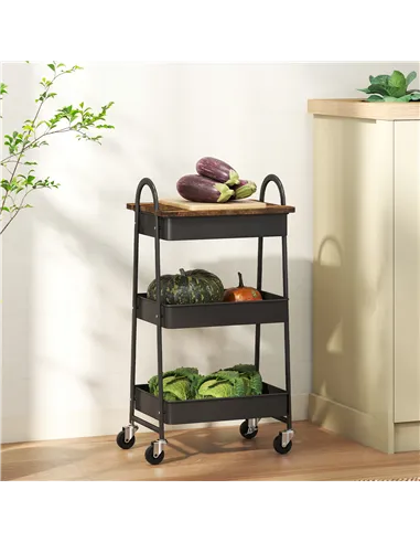 HOMCOM 3-Tier Kitchen Storage Trolley with on Wheels Cover Top Board - Rustic Brown and Black