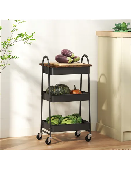HOMCOM 3-Tier Kitchen Storage Trolley with on Wheels Cover Top Board - Rustic Brown and Black