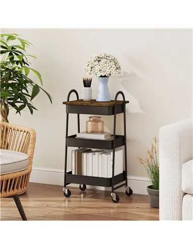 HOMCOM 3-Tier Kitchen Storage Trolley with on Wheels Cover Top Board - Rustic Brown and Black